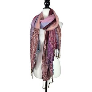 Made in Nepal Cashmerea and silk blend boho paisley print and stripe block scarf